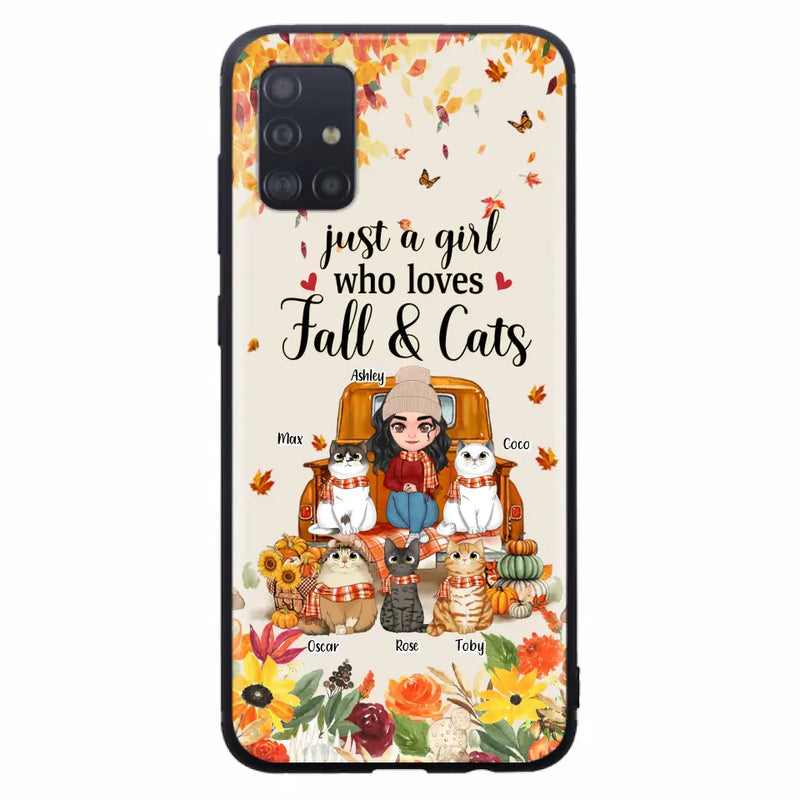 Personalized Cat Mom Autumn Phone Case - Gift Idea For Cat Owners - Up to 5 Cats - Case For iPhone/Samsung - Just A Girl Who Loves Fall & Cats