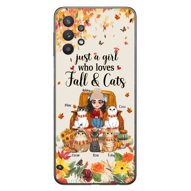 Personalized Cat Mom Autumn Phone Case - Gift Idea For Cat Owners - Up to 5 Cats - Case For iPhone/Samsung - Just A Girl Who Loves Fall & Cats