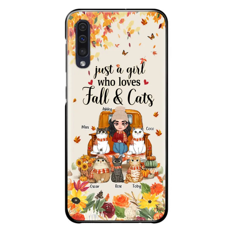 Personalized Cat Mom Autumn Phone Case - Gift Idea For Cat Owners - Up to 5 Cats - Case For iPhone/Samsung - Just A Girl Who Loves Fall & Cats