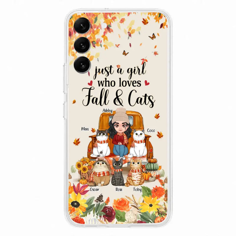 Personalized Cat Mom Autumn Phone Case - Gift Idea For Cat Owners - Up to 5 Cats - Case For iPhone/Samsung - Just A Girl Who Loves Fall & Cats
