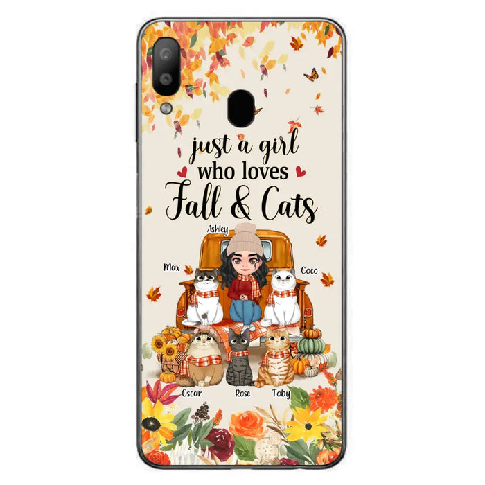 Custom Personalized Cat Mom Autumn Phone Case - Gift Idea For Cat Owners - Upto 5 Cats -  Case For iPhone/Samsung - Just A Girl Who Loves Fall & Cats