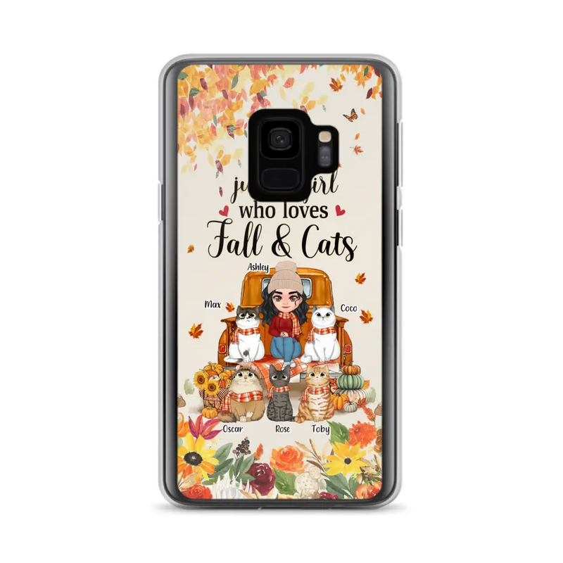 Personalized Cat Mom Autumn Phone Case - Gift Idea For Cat Owners - Up to 5 Cats - Case For iPhone/Samsung - Just A Girl Who Loves Fall & Cats