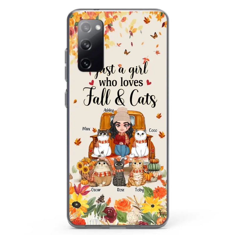 Personalized Cat Mom Autumn Phone Case - Gift Idea For Cat Owners - Up to 5 Cats - Case For iPhone/Samsung - Just A Girl Who Loves Fall & Cats