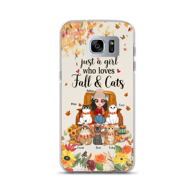 Personalized Cat Mom Autumn Phone Case - Gift Idea For Cat Owners - Up to 5 Cats - Case For iPhone/Samsung - Just A Girl Who Loves Fall & Cats