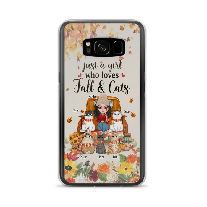 Custom Personalized Cat Mom Autumn Phone Case - Gift Idea For Cat Owners - Upto 5 Cats -  Case For iPhone/Samsung - Just A Girl Who Loves Fall & Cats