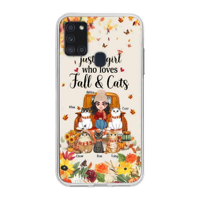 Custom Personalized Cat Mom Autumn Phone Case - Gift Idea For Cat Owners - Upto 5 Cats -  Case For iPhone/Samsung - Just A Girl Who Loves Fall & Cats