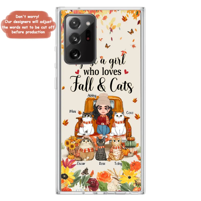 Personalized Cat Mom Autumn Phone Case - Gift Idea For Cat Owners - Up to 5 Cats - Case For iPhone/Samsung - Just A Girl Who Loves Fall & Cats