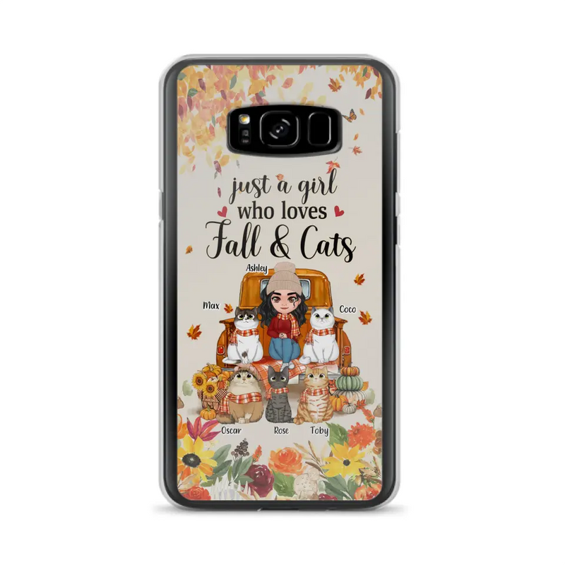 Personalized Cat Mom Autumn Phone Case - Gift Idea For Cat Owners - Up to 5 Cats - Case For iPhone/Samsung - Just A Girl Who Loves Fall & Cats