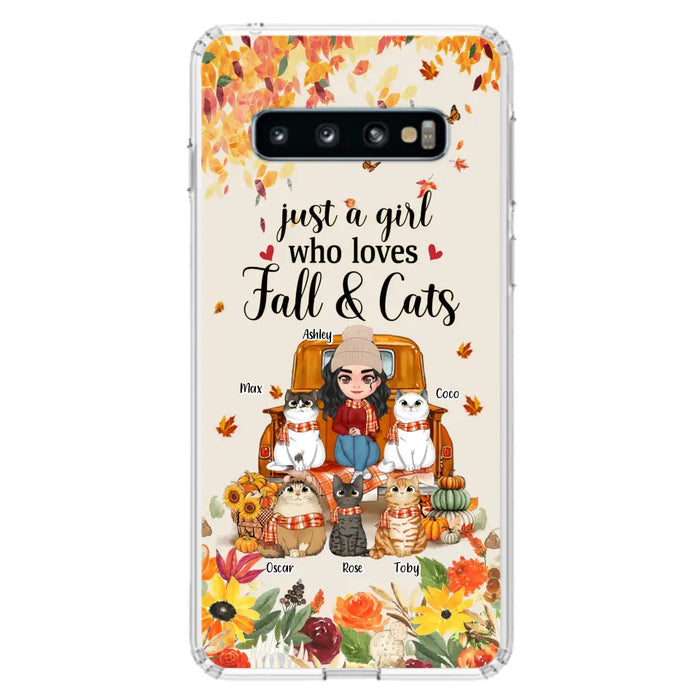 Custom Personalized Cat Mom Autumn Phone Case - Gift Idea For Cat Owners - Upto 5 Cats -  Case For iPhone/Samsung - Just A Girl Who Loves Fall & Cats