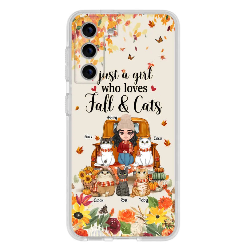 Personalized Cat Mom Autumn Phone Case - Gift Idea For Cat Owners - Up to 5 Cats - Case For iPhone/Samsung - Just A Girl Who Loves Fall & Cats