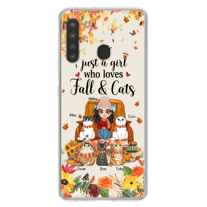 Personalized Cat Mom Autumn Phone Case - Gift Idea For Cat Owners - Up to 5 Cats - Case For iPhone/Samsung - Just A Girl Who Loves Fall & Cats