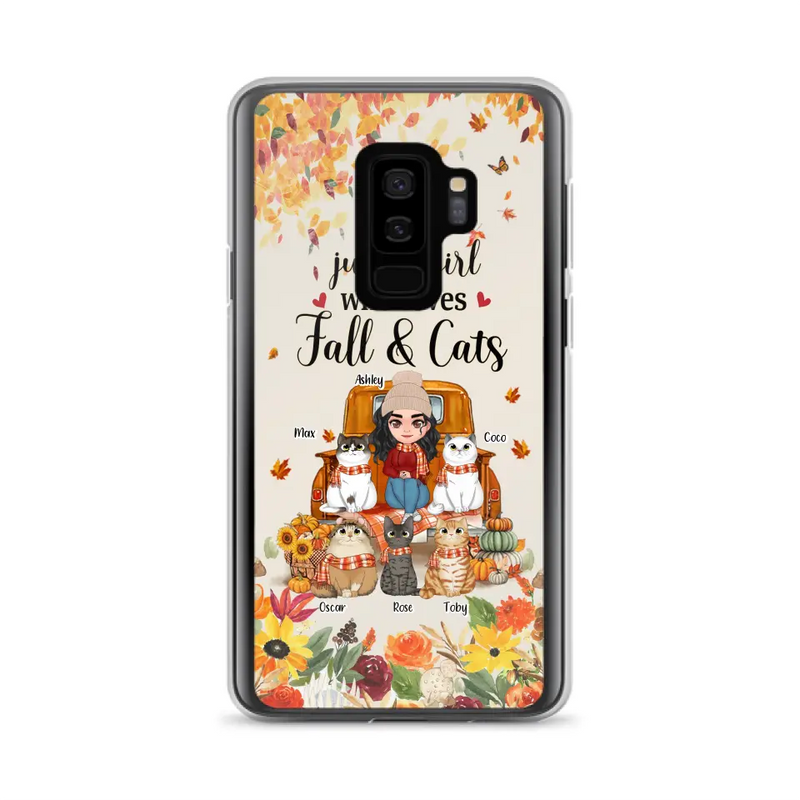 Personalized Cat Mom Autumn Phone Case - Gift Idea For Cat Owners - Up to 5 Cats - Case For iPhone/Samsung - Just A Girl Who Loves Fall & Cats