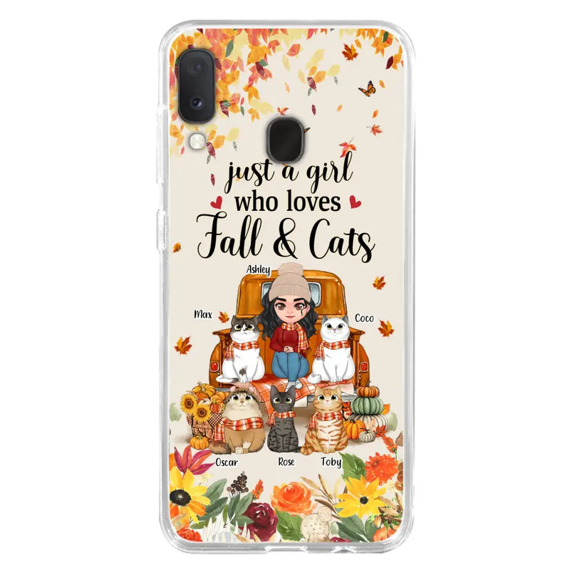 Personalized Cat Mom Autumn Phone Case - Gift Idea For Cat Owners - Up to 5 Cats - Case For iPhone/Samsung - Just A Girl Who Loves Fall & Cats