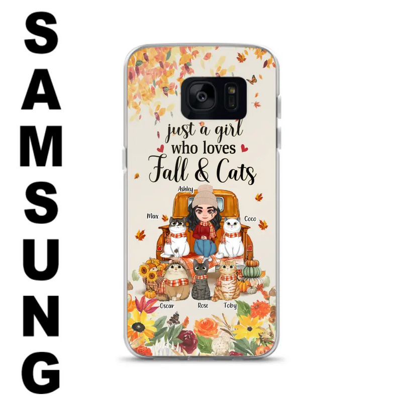 Personalized Cat Mom Autumn Phone Case - Gift Idea For Cat Owners - Up to 5 Cats - Case For iPhone/Samsung - Just A Girl Who Loves Fall & Cats