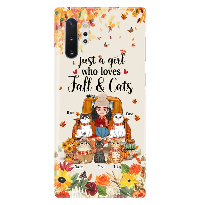 Personalized Cat Mom Autumn Phone Case - Gift Idea For Cat Owners - Up to 5 Cats - Case For iPhone/Samsung - Just A Girl Who Loves Fall & Cats