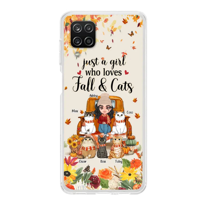 Custom Personalized Cat Mom Autumn Phone Case - Gift Idea For Cat Owners - Upto 5 Cats -  Case For iPhone/Samsung - Just A Girl Who Loves Fall & Cats