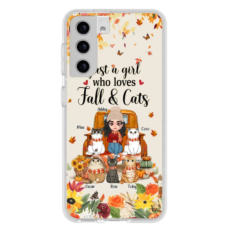 Personalized Cat Mom Autumn Phone Case - Gift Idea For Cat Owners - Up to 5 Cats - Case For iPhone/Samsung - Just A Girl Who Loves Fall & Cats