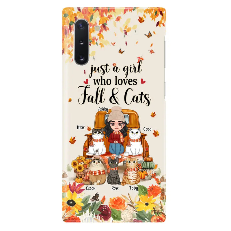 Personalized Cat Mom Autumn Phone Case - Gift Idea For Cat Owners - Up to 5 Cats - Case For iPhone/Samsung - Just A Girl Who Loves Fall & Cats