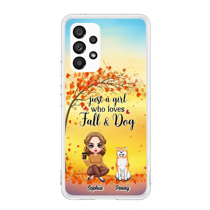 Custom Personalized Dog Mom Phone Case - Gift Idea For Dog Lovers/ Autumn Gift - Upto 4 Dogs - Just A Girl Who Loves Fall & Dogs - Case For iPhone/Samsung