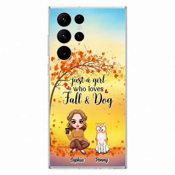 Custom Personalized Dog Mom Phone Case - Gift Idea For Dog Lovers/ Autumn Gift - Upto 4 Dogs - Just A Girl Who Loves Fall & Dogs - Case For iPhone/Samsung