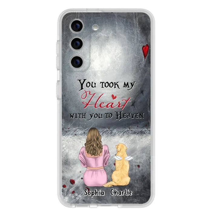 Custom Personalized Memorial Dog Mom Phone Case - Upto 5 Dogs - Memorial Gift Idea for Dog Lovers - You Took My Heart With You To Heaven - Case For iPhone And Samsung