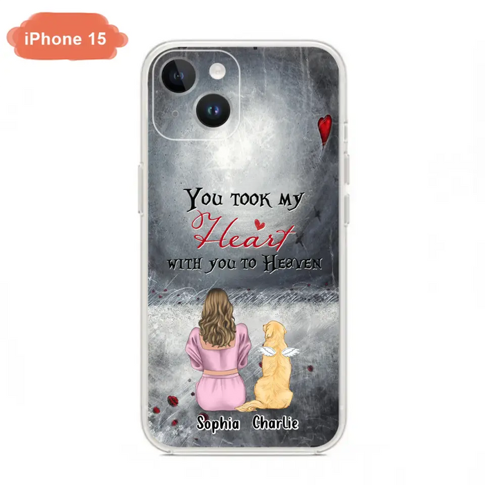 Custom Personalized Memorial Dog Mom Phone Case - Upto 5 Dogs - Memorial Gift Idea for Dog Lovers - You Took My Heart With You To Heaven - Case For iPhone And Samsung