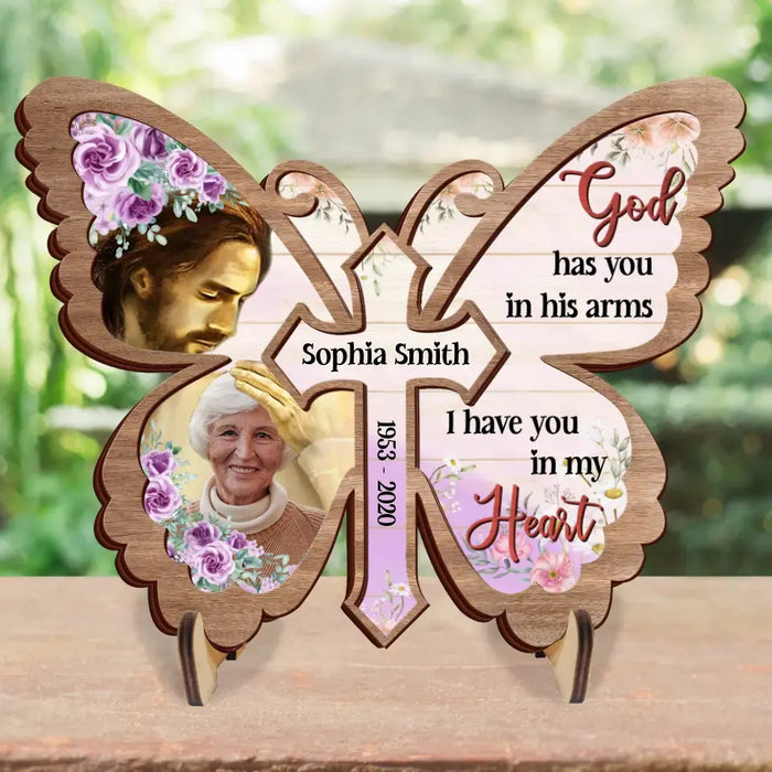 Custom Personalized Memorial Photo Wooden Art -  Memorial Gift Idea - God Has You In His Arms I Have You In My Heart