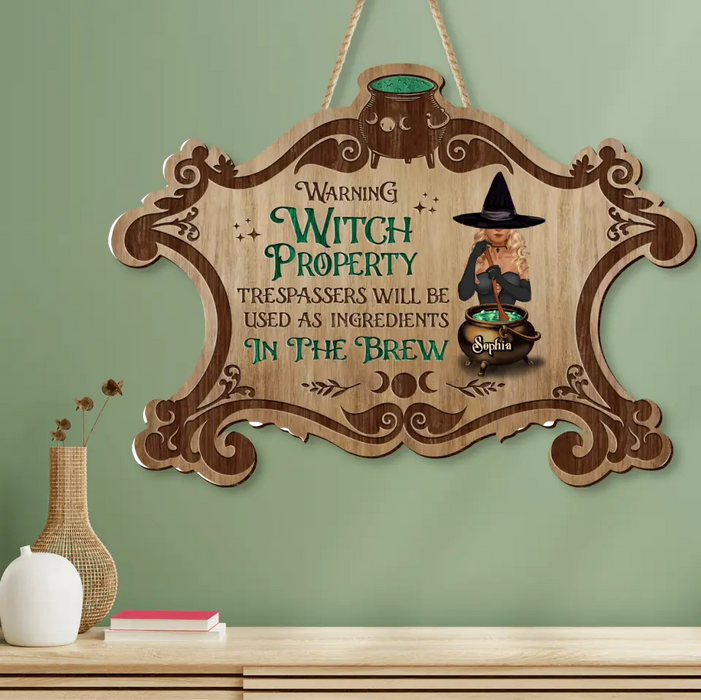 Custom Personalized Witch Property Wooden Sign - Gift Idea For Halloween/ Home Decor - Warning Witch Property Trespassers Will Be Used As Ingredients In The Brew