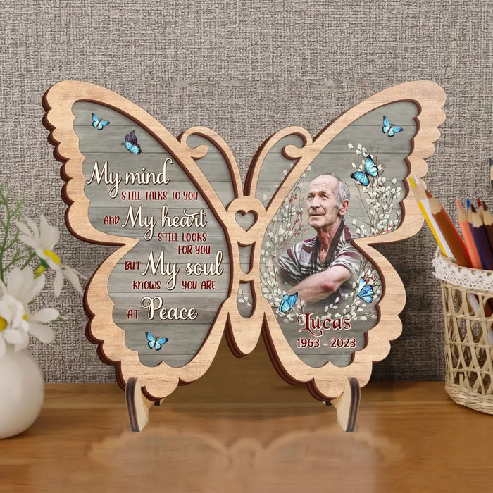 Custom Personalized Memorial Photo Butterfly 2 Layered Wooden Art - Keepsake Gift Idea For Family Member - My Mind Still Talks To You