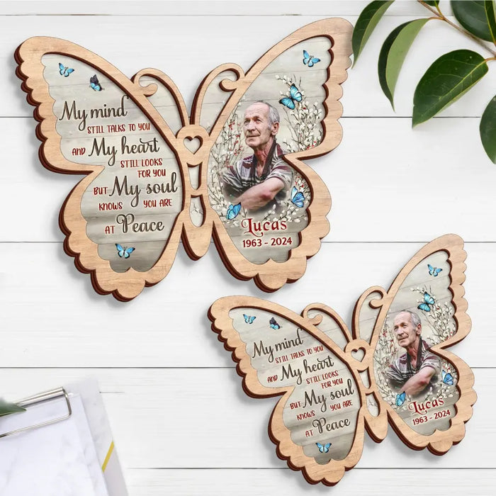 Custom Personalized Memorial Butterfly 2 Layered Wooden Art - Upload Photo - Gift Idea For Family Member/ Father's Day/ Mother's Day - My Mind Still Talks To You