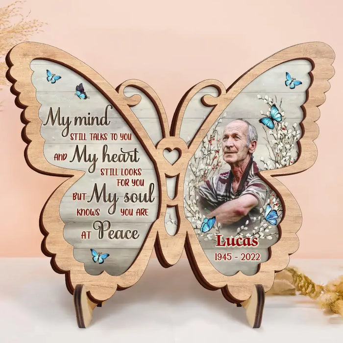 Custom Personalized Memorial Butterfly 2 Layered Wooden Art - Upload Photo - Gift Idea For Family Member/ Father's Day/ Mother's Day - My Mind Still Talks To You