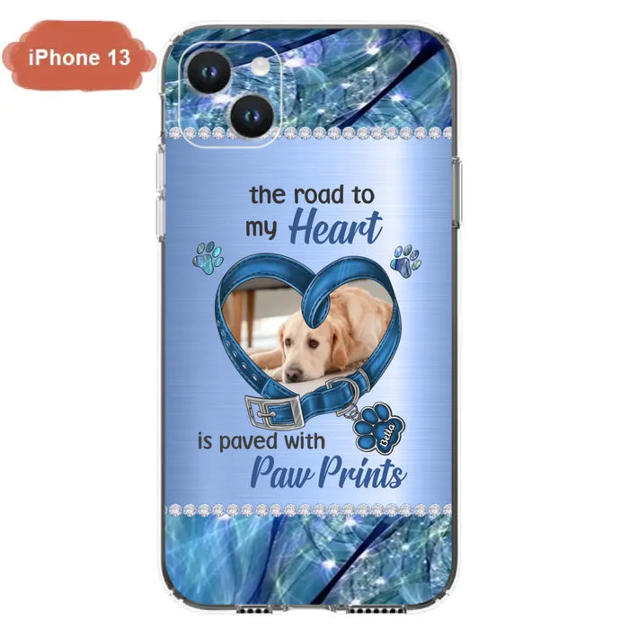 Custom Personalized Memorial Dog Collar Phone Case - Upload Photo - Memorial Gift Idea For Dog Owner - The Road To My Heart Is Paved With Paw Prints - Case for iPhone/ Samsung