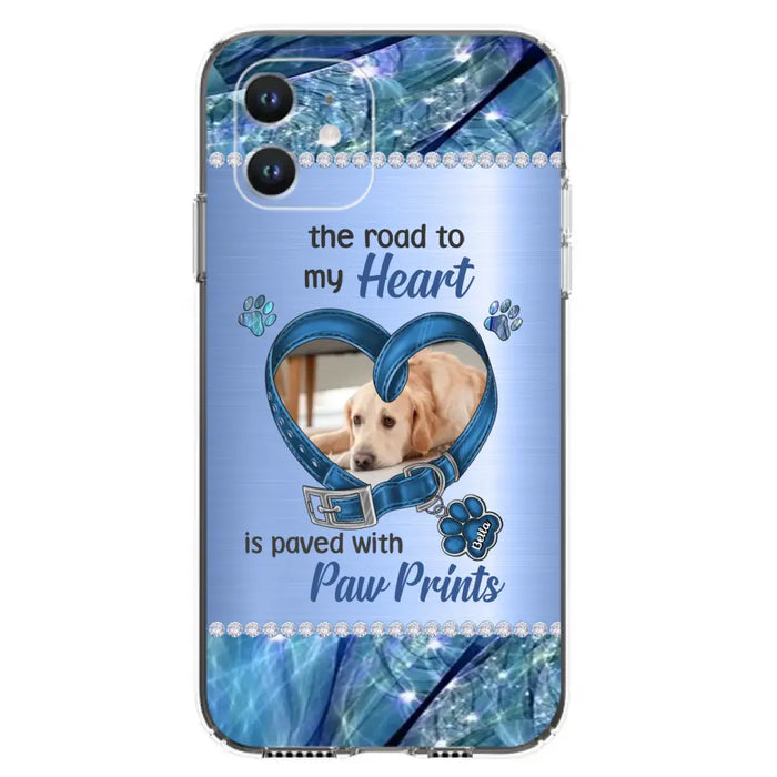 Custom Personalized Memorial Dog Collar Phone Case - Upload Photo - Memorial Gift Idea For Dog Owner - The Road To My Heart Is Paved With Paw Prints - Case for iPhone/ Samsung