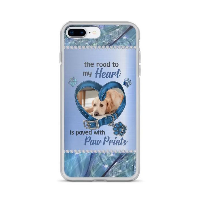 Custom Personalized Memorial Dog Collar Phone Case - Upload Photo - Memorial Gift Idea For Dog Owner - The Road To My Heart Is Paved With Paw Prints - Case for iPhone/ Samsung