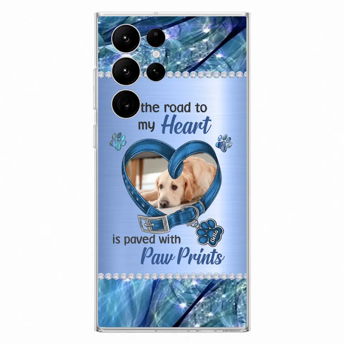 Custom Personalized Memorial Dog Collar Phone Case - Upload Photo - Memorial Gift Idea For Dog Owner - The Road To My Heart Is Paved With Paw Prints - Case for iPhone/ Samsung