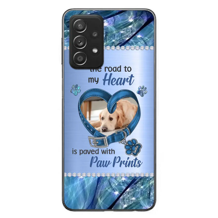 Custom Personalized Memorial Dog Collar Phone Case - Upload Photo - Memorial Gift Idea For Dog Owner - The Road To My Heart Is Paved With Paw Prints - Case for iPhone/ Samsung