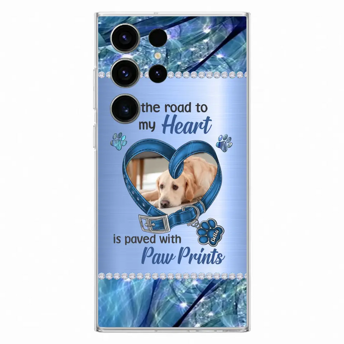 Custom Personalized Memorial Dog Collar Phone Case - Upload Photo - Memorial Gift Idea For Dog Owner - The Road To My Heart Is Paved With Paw Prints - Case for iPhone/ Samsung