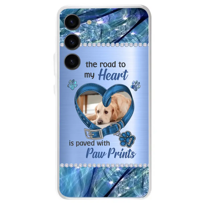 Custom Personalized Memorial Dog Collar Phone Case - Upload Photo - Memorial Gift Idea For Dog Owner - The Road To My Heart Is Paved With Paw Prints - Case for iPhone/ Samsung