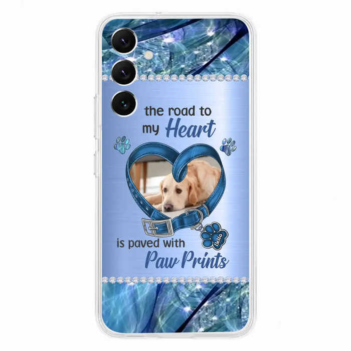 Custom Personalized Memorial Dog Collar Phone Case - Upload Photo - Memorial Gift Idea For Dog Owner - The Road To My Heart Is Paved With Paw Prints - Case for iPhone/ Samsung