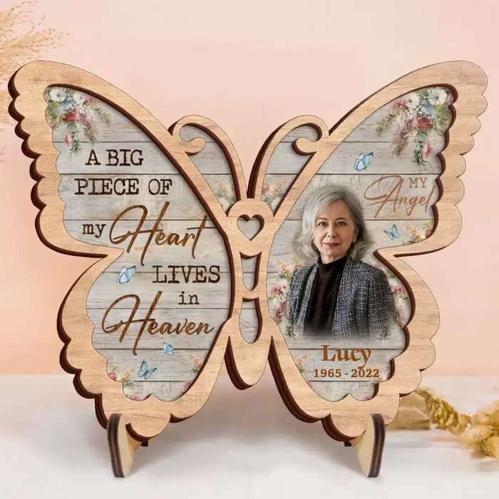 Custom Personalized Memorial Butterfly 2 Layered Wooden Art - Upload Photo - Gift Idea For Family Member/ Father's Day/ Mother's Day - A Big Piece Of My Heart Lives In Heaven