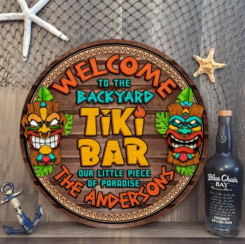 Personalized Tiki Bar Wooden Sign - Gift Idea For Family - Welcome To The Backyard Tiki Bar