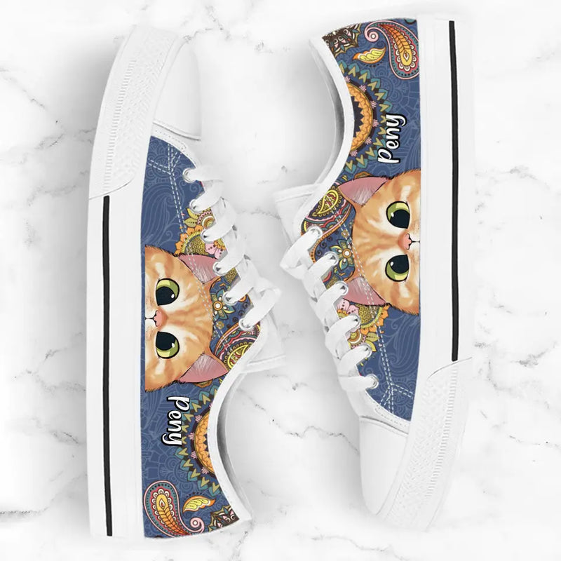 Personalized Mandala Cat Low Top Sneakers - Gift For Cat Lovers
