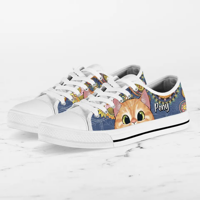 Custom Personalized Mandala Cat Low Top Sneakers - Gift For Cat Lovers