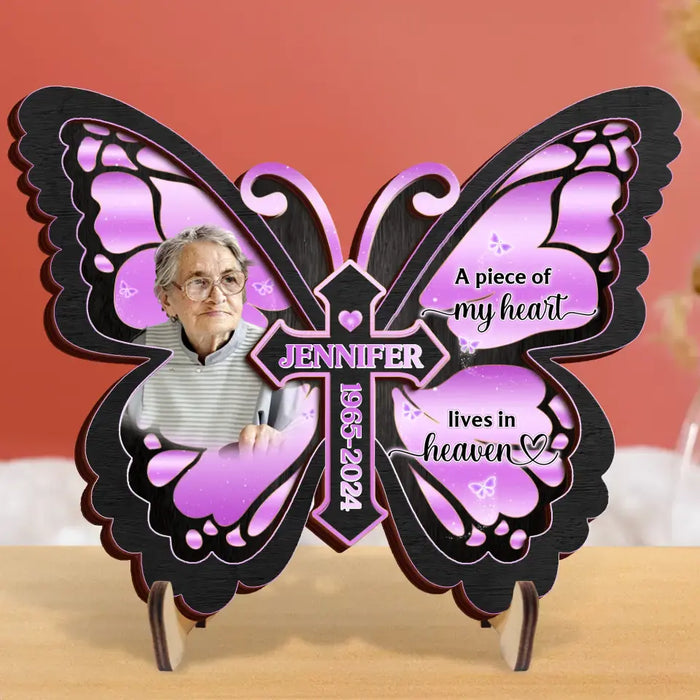 Custom Personalized Butterfly 2 Layered Wooden Art - Upload Upto 5 Photos - Memorial Gift Idea For Family Member - A Piece Of My Heart Lives In Heaven