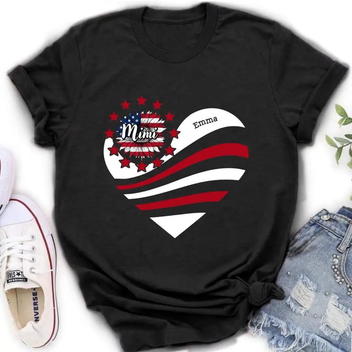 Custom Personalized Grandma With Grandkids Sunflower American Flag T-Shirt/ Hoodie - Upto 10 Kids - Gift Idea For Grandma/ Mom/ Independence Day/ 4th Of July