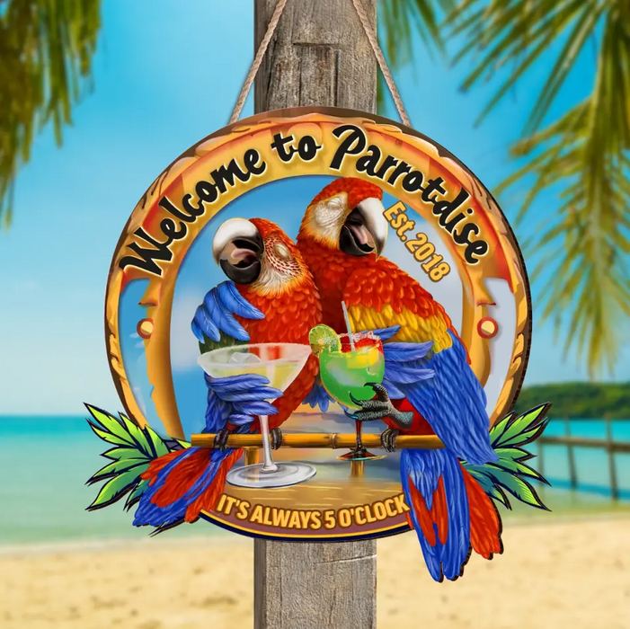 Custom Personalized Tiki House Wooden Sign - Welcome To Parrotdise It's Alway 5 O'clock