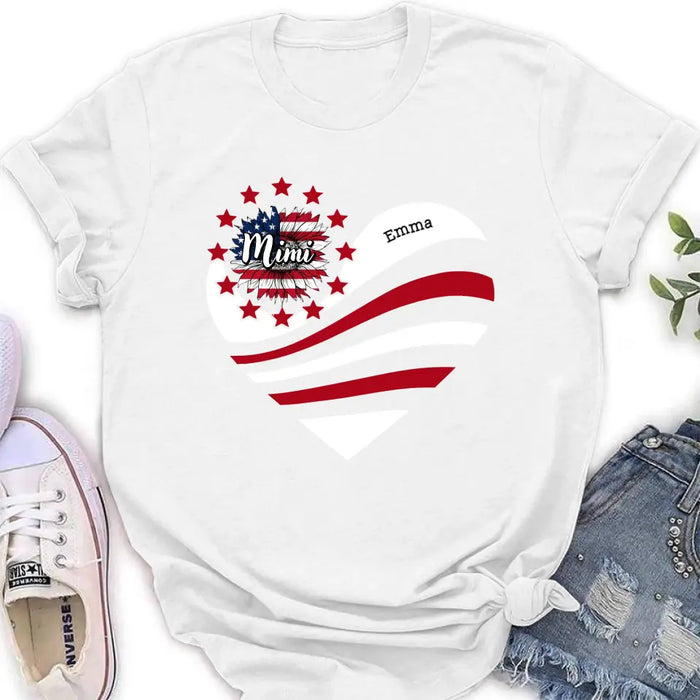 Custom Personalized Grandma With Grandkids Sunflower American Flag T-Shirt/ Hoodie - Upto 10 Kids - Gift Idea For Grandma/ Mom/ Independence Day/ 4th Of July