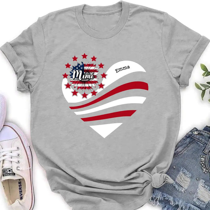 Custom Personalized Grandma With Grandkids Sunflower American Flag T-Shirt/ Hoodie - Upto 10 Kids - Gift Idea For Grandma/ Mom/ Independence Day/ 4th Of July