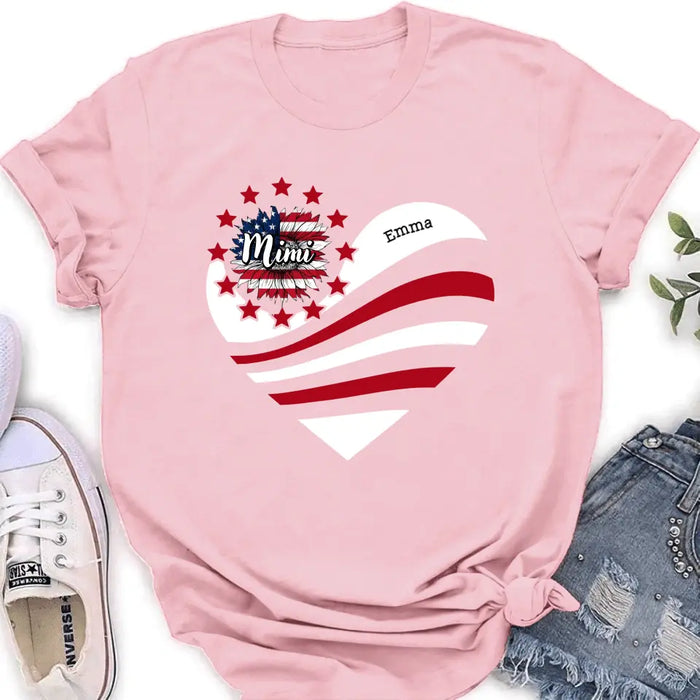 Custom Personalized Grandma With Grandkids Sunflower American Flag T-Shirt/ Hoodie - Upto 10 Kids - Gift Idea For Grandma/ Mom/ Independence Day/ 4th Of July