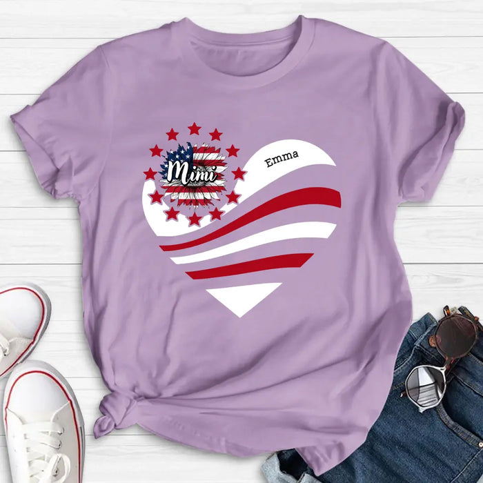 Custom Personalized Grandma With Grandkids Sunflower American Flag T-Shirt/ Hoodie - Upto 10 Kids - Gift Idea For Grandma/ Mom/ Independence Day/ 4th Of July